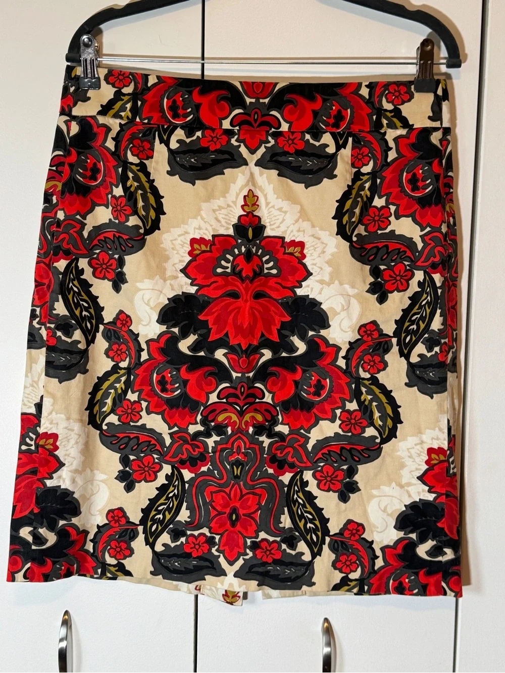 J. Crew Beige Pencil Skirt with Red and Black Floral Damask